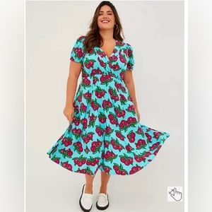 REDUCED! Betsey Johnson x Torrid Cherry Printed Blue Midi Fit and Flare Dress